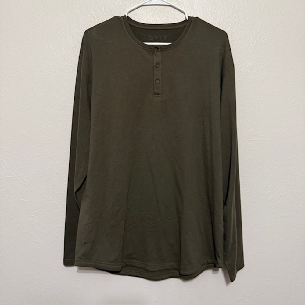 BYLT Men's Drop Cut Long Sleeve Henley Shirt Size Large Olive Green